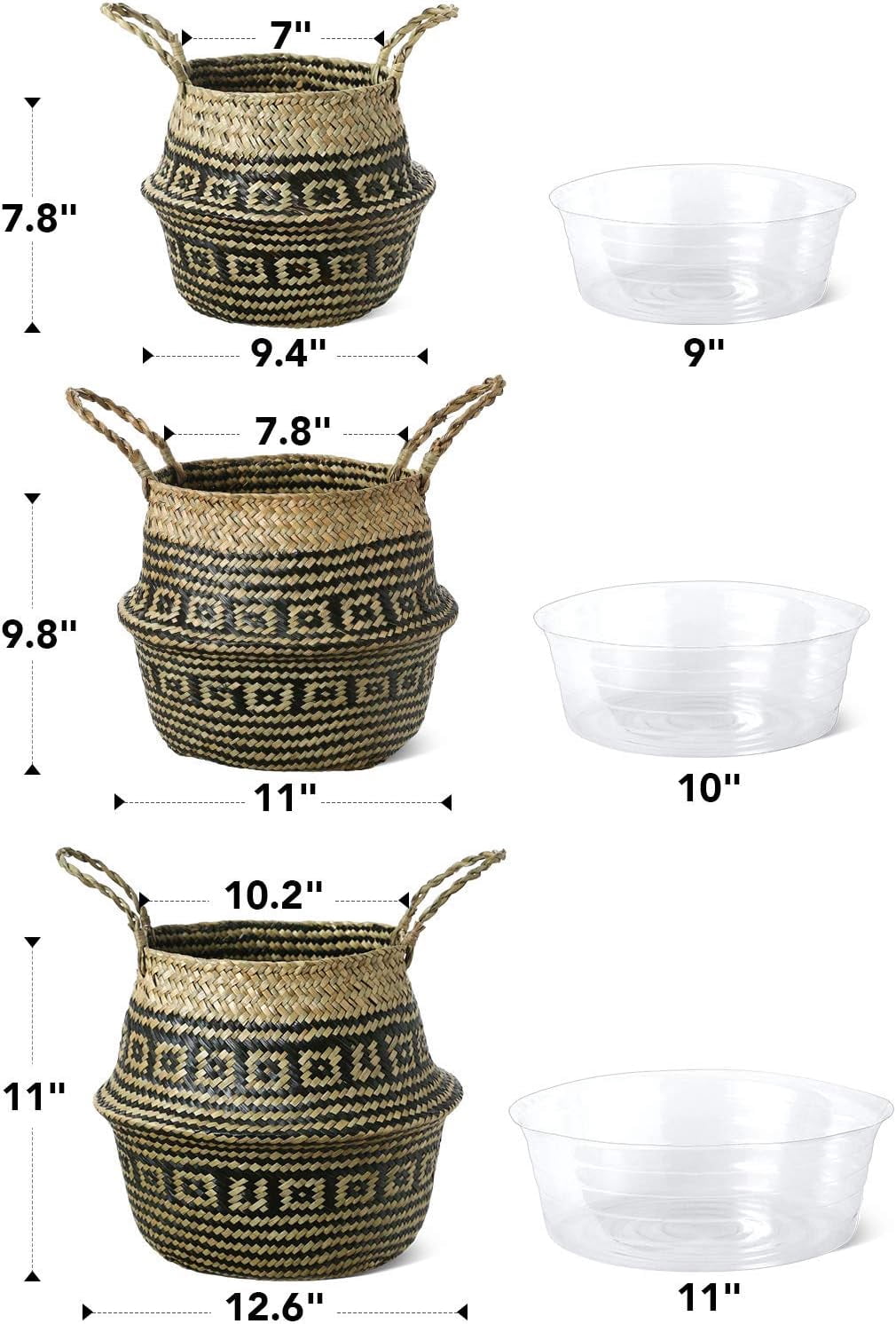 LE TAUCI Plant Basket, S+M+L Black Flower Woven Seagrass Belly Planter Baskets, Set of 3