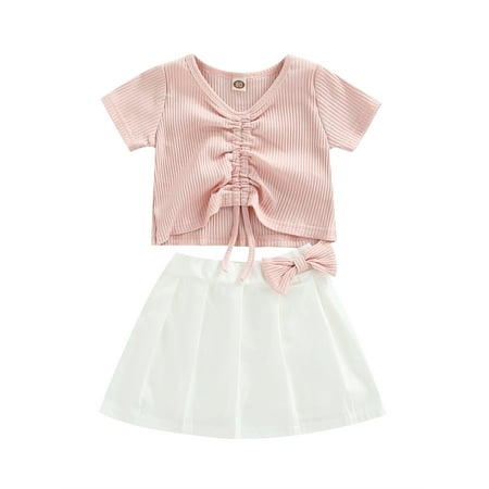 

Canrulo 2pcs Lovely Kids Girls Clothes Solid Knit Short Sleeve V Neck Drawstring Ribbed T-shirt Bow Pleated Skirts Sets Pink 4-5 Years