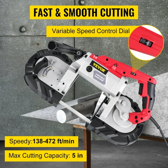 VEVOR Sierra de cinta portátil de corte profundo de 5" y velocidad variable, motor de 110 V 10 A probado según los estándares UL