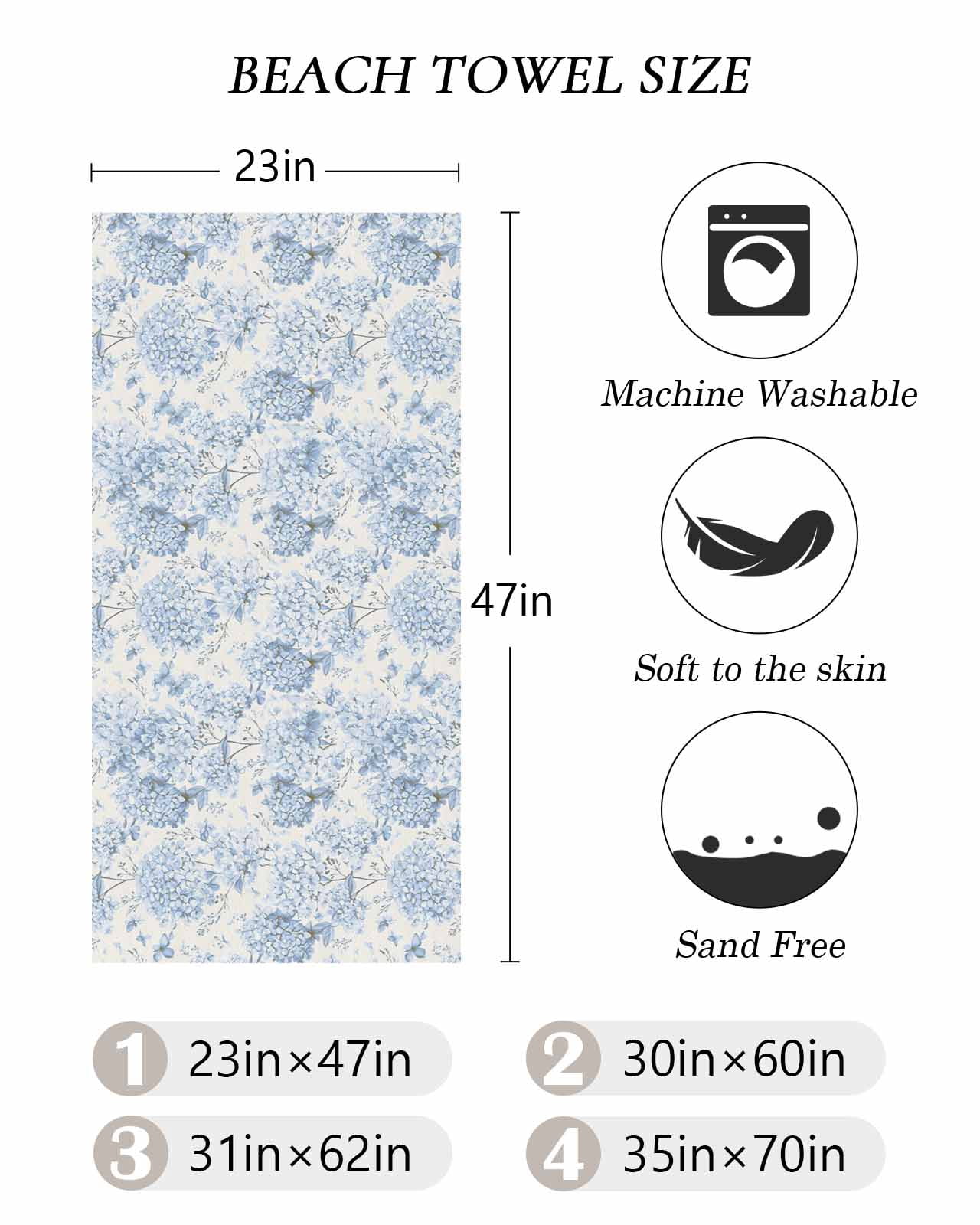 Blue Floral Beach Towels Oversized Super Absorbent, Garden Petals Flower Botanical Tree Branch Lightweight Bath Towel Quick Dry Sets For Bathroom/Pool/Rv Camping/Beach Play/Gym Room/Picnic 31"x62"