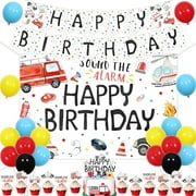 Emergency Birthday Party Decorations Emergency Vehicle Birthdays Backdrop Banner Rescue Firetruck Birthday Cake Toppers Balloons for Boys Sound The Alarm Rescue Vehicle Birthdays Party Supplies