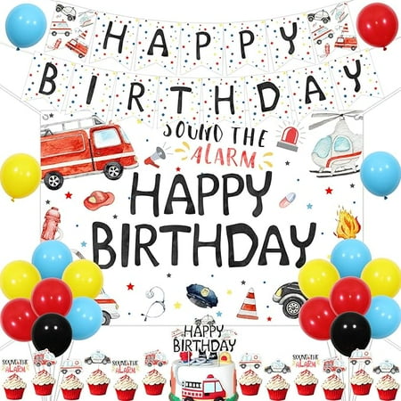 Emergency Birthday Party Decorations Emergency Vehicle Birthdays Backdrop Banner Rescue Firetruck Birthday Cake Toppers Balloons for Boys Sound The Alarm Rescue Vehicle Birthdays Party Supplies