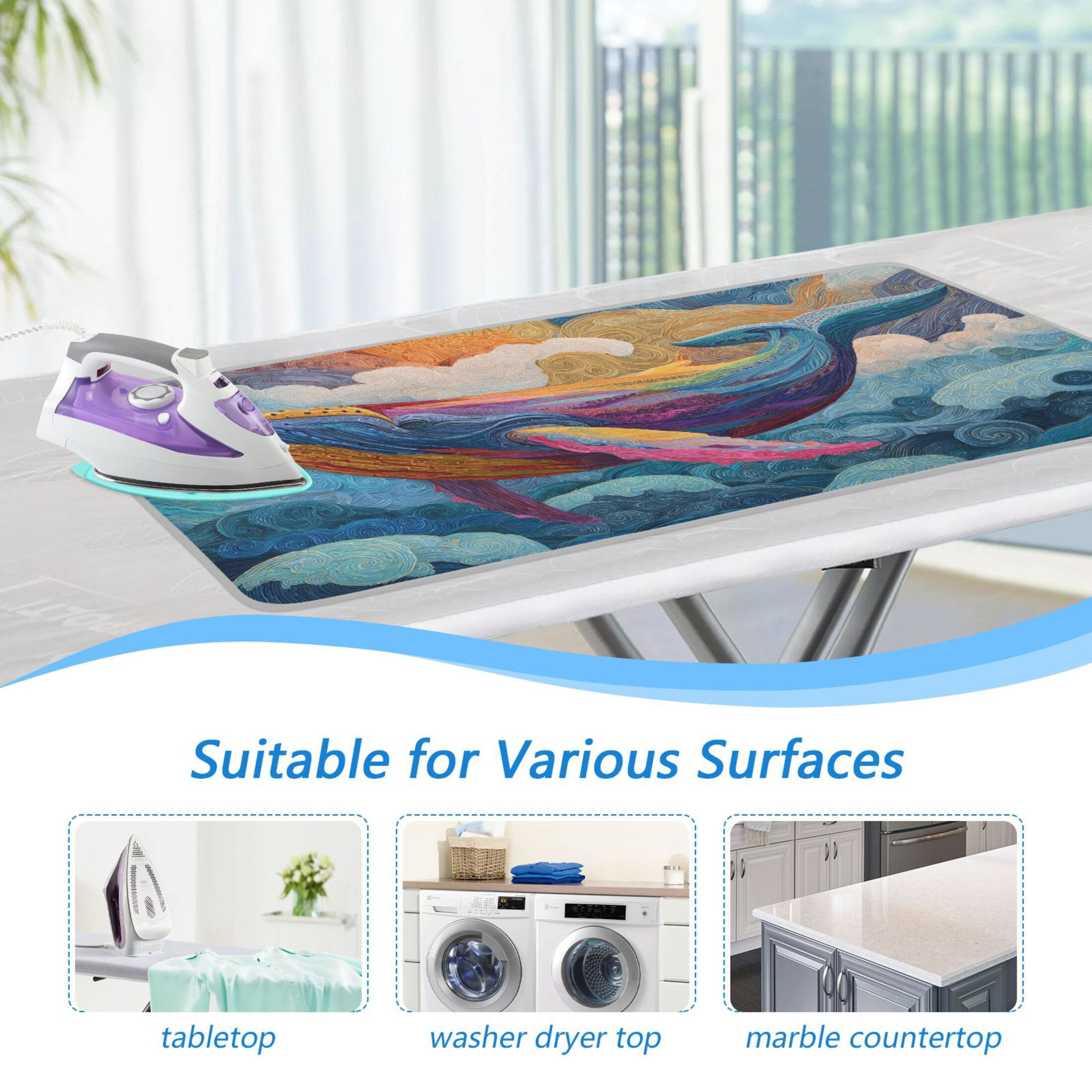 Rainbow Colored Whales and Clouds Ironing Mat Blanket Portable Travel Ironing Pad Heat Resistant Pad 47.2" x 27.6”