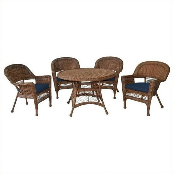 Jeco 5 Piece Wicker Patio Dining Set in Honey and Blue
