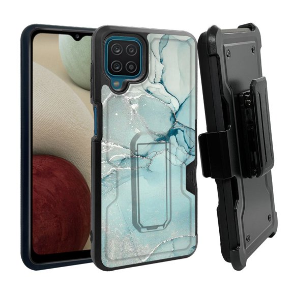 ANJ  Rugged Dual Layer Shockproof Holster Case w/Card Slot, Kickstand   Tempered Glass for Samsung Galaxy A12 - Green Marbling