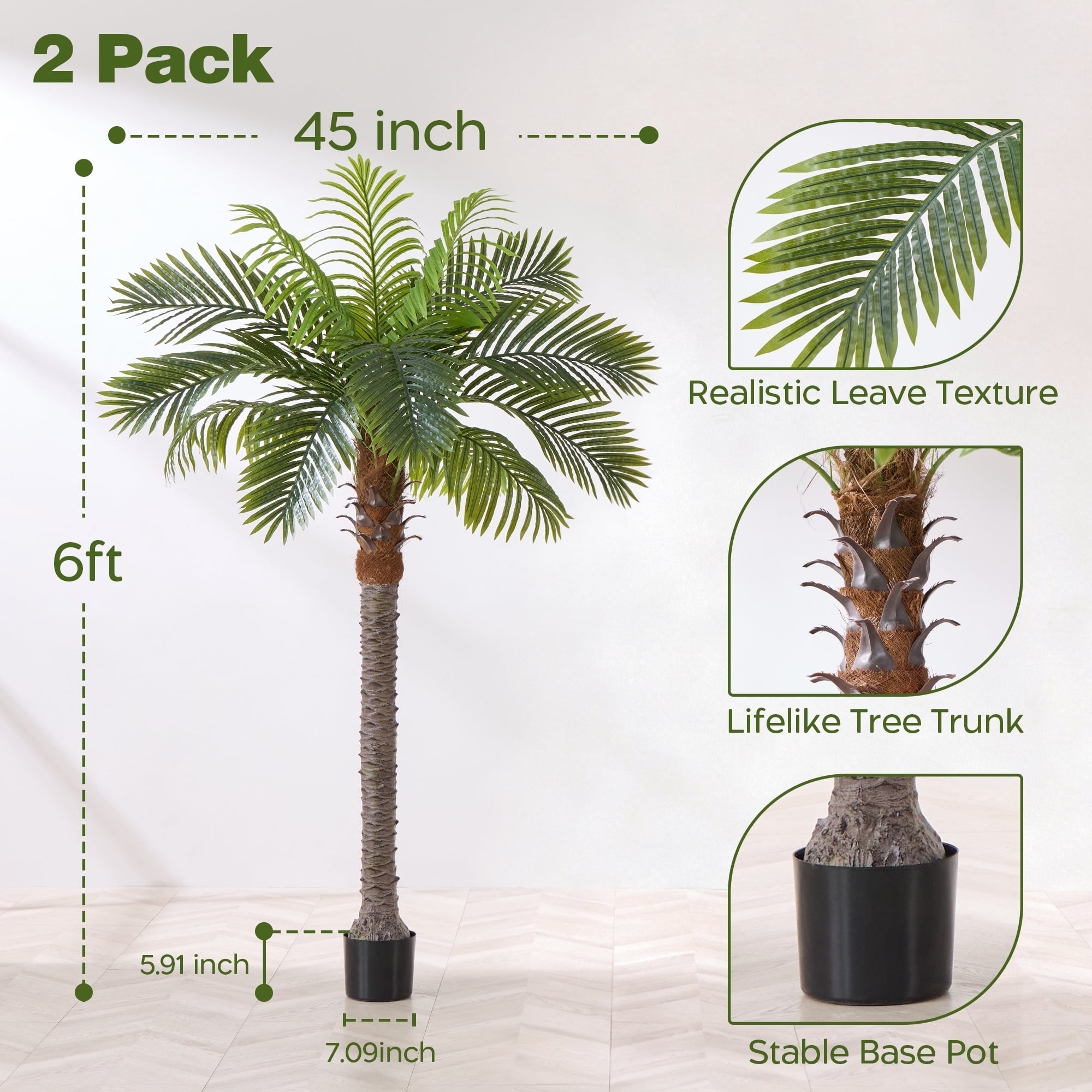 6FT Artificial Coconut Palm Tree (Set of 2),  Realistic Faux Sago Palm Plants for Indoor & Outdoor, Large Tropical Fake Trees for Home Office Garden Patio Poolside Decor