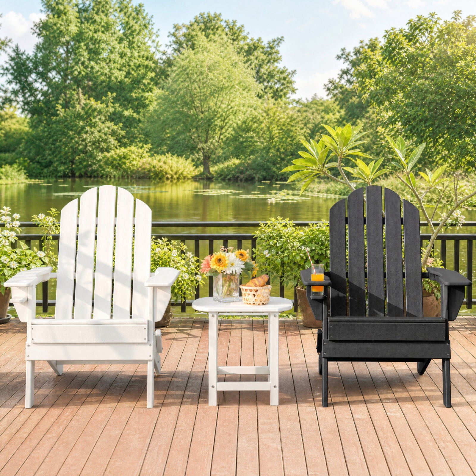 Furnibear Foldable Weather Resistant Adirondack Patio Chair with Built-In Cup Holder and Wide Armrests for Porch Backyard and Poolside, Black