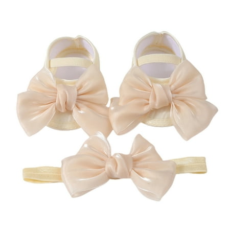 Awevudst Baby Girls Baptism Shoes and Headband Shiny Bow Flats and Hairband