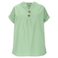 thumbnail image 6 of Linen Shirts for Women Casual V Neck Button Down Blouses Short Sleeve Office Work Tops Loose Vacation Tees Shirt Light Green M, 6 of 7