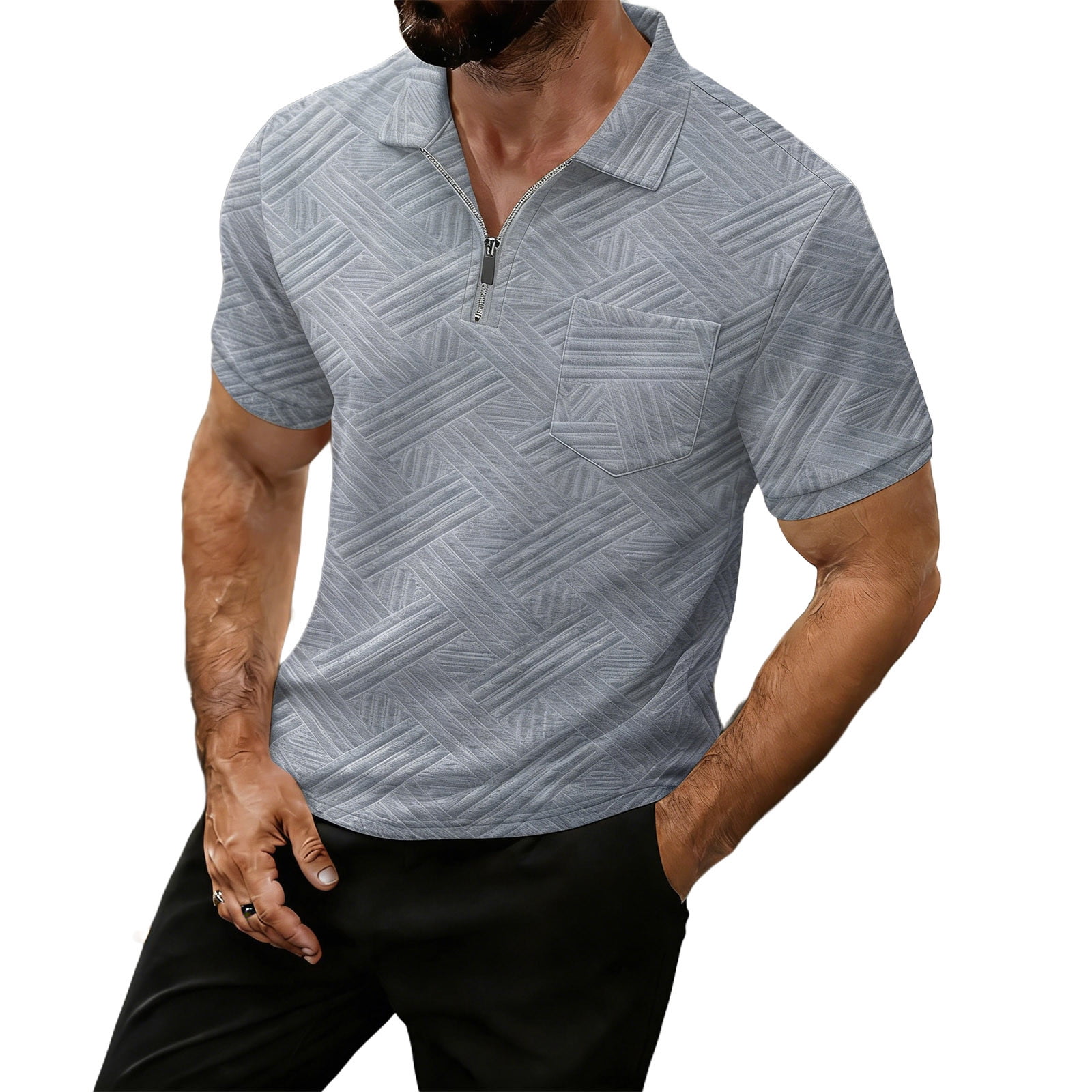 Mens Business Casual Golf T-Shirts Short Sleeve Quarter Zip Collared TShirt Geometric Jacquard Textured Summer Old Money Aesthetic Tops for Daily Wear & Vacation