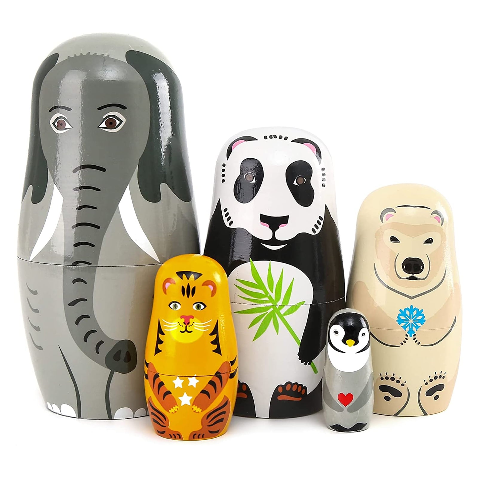 5pcs Beautiful Handmade Wooden Animal Nesting Dolls Elephant Panda