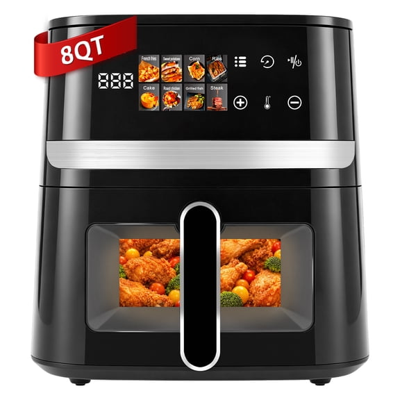 8QT Air Fryer, 8-in-1 Presets Multifunction with Digital Color Touchscreen, Clear-Viewing Window, 1350W Fast Heating, 85% Less Oil, Nonstick&Dishwasher-Safe Basket, Black
