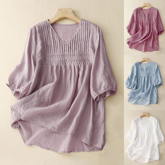 HAPIMO Women's Trendy Cotton Linen Loose Tops Solid Color Ruched Summer Tees 3/4 Sleeve V Neck Pullover for Teen Girls Elegant Casual Relaxed Blouses Blue XL