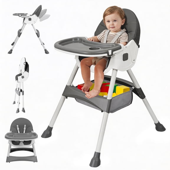 Tumajup 6 in 1 Baby Convertible High Chair Seat with 5 Point PU Safety Harness Gray Striped
