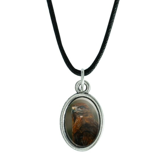 Red-Tailed Hawk Raptor Portrait Antiqued Oval Charm Pendant with Black Satin Cord