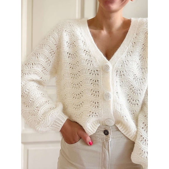 Elegant Crochet Button-Up Sweater (M, White)