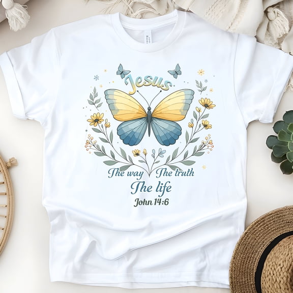 Jesus John 14:6 Butterfly Christian T-Shirt for Women and Men, White, Size S