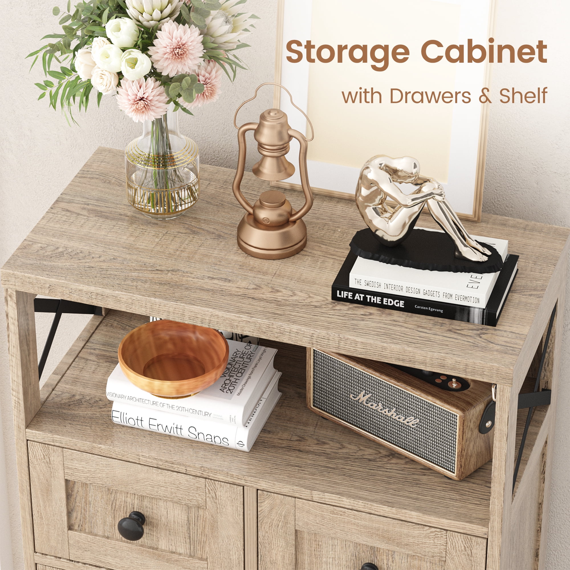Farmhouse Storage Cabinet with Drawers and Shelves, Natural