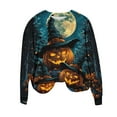 thumbnail image 6 of Uootdi Women's Halloween Pumpkin Graphic Sweatshirt - Glowing Witch Hat Jack Lanterns，Crewneck Long Sleeve,Trendy Fall Outfit,Party Wear Essential Dark Blue Women Tops, 6 of 6