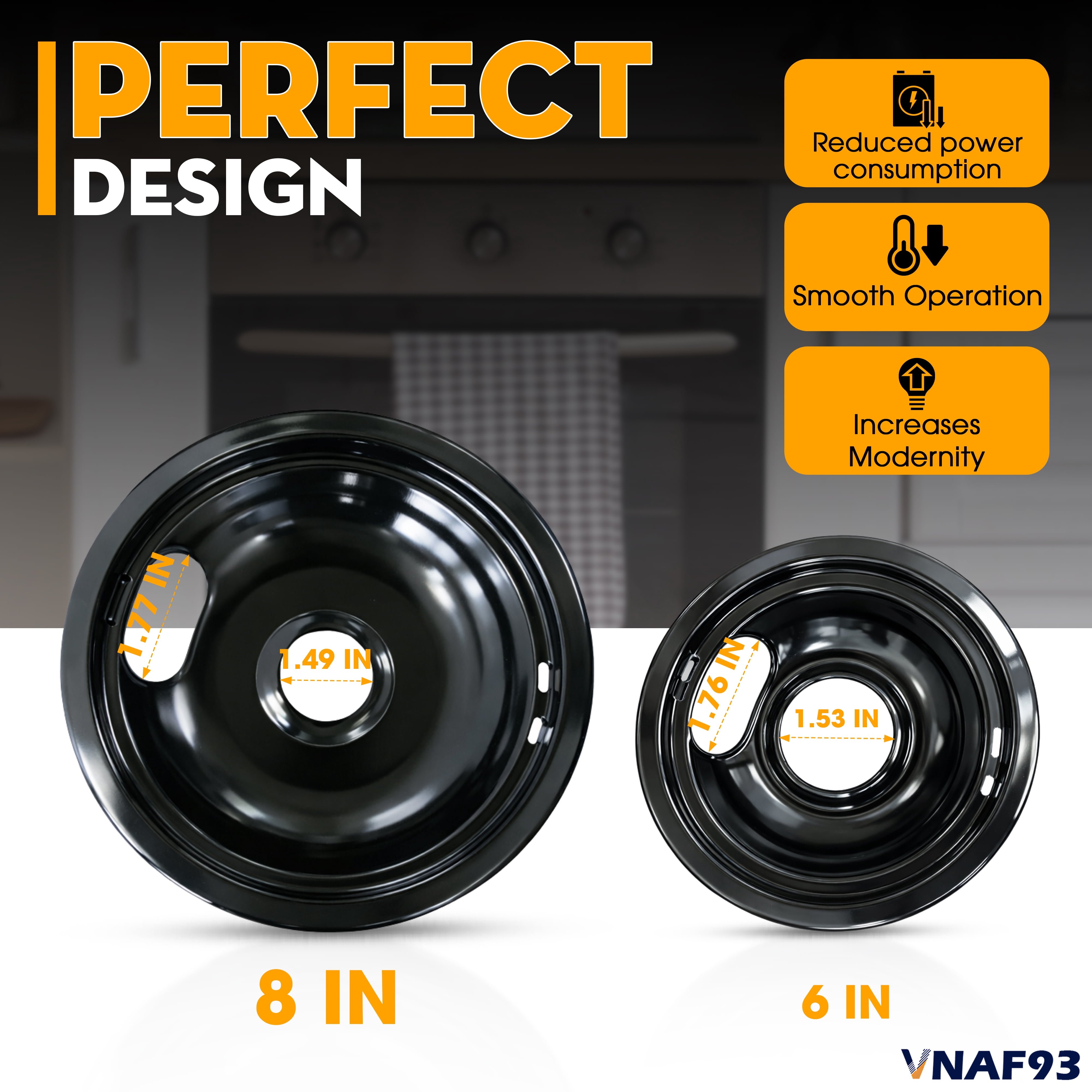 VNAF93 Upgraded Black Porcelain Drip Pans Set 4 Pack 318067041 & 318067051 Replacement for Frigidaire Electric Range Stove Burner for 5304430149, 5304430150 Includes 2 8-Inch and 2 6-Inch Pans