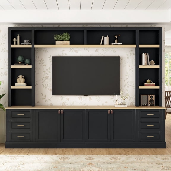 102.3"W Farmhouse 4-Piece Entertainment Center Wall Unit with Bookshelves, Modern Large TV Stand with 6 Drawers for TVs Up to 75", Rustic Media Console with Adjustable Shelves for Living Room, Black