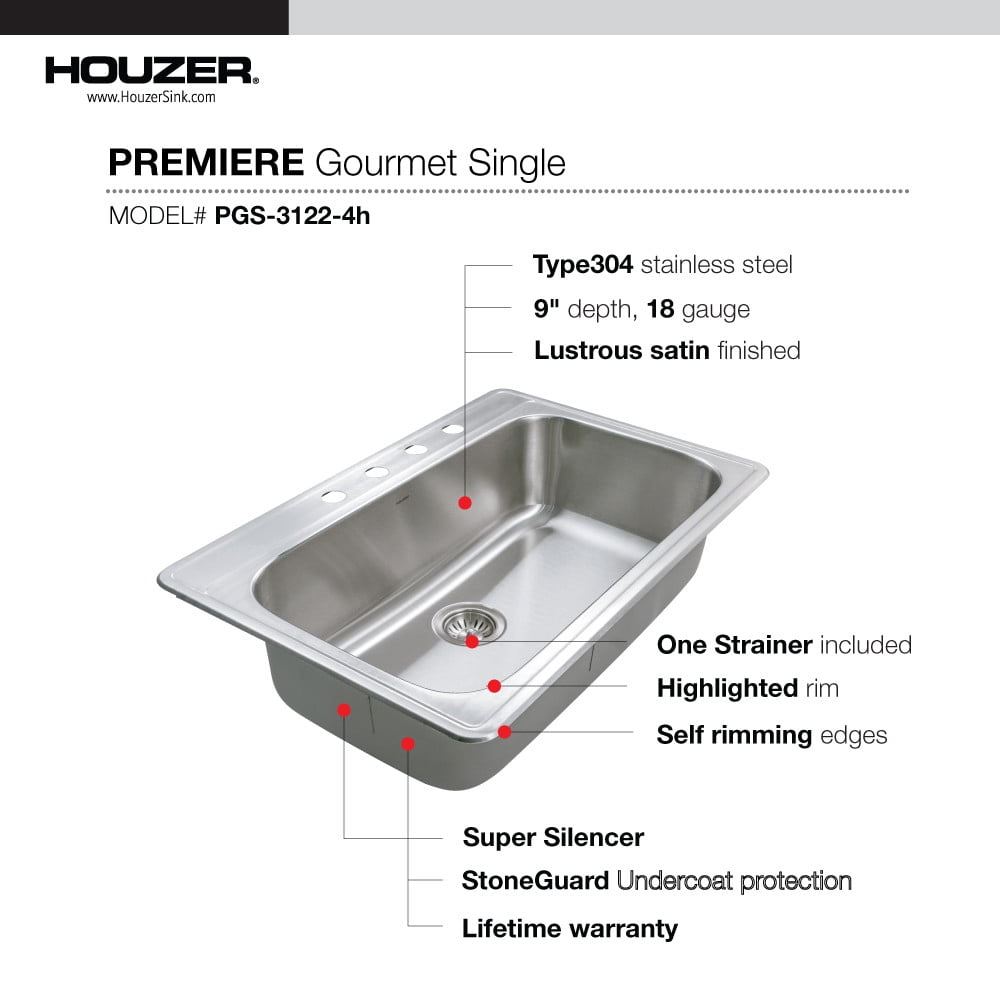 Houzer Premier 33 inch Stainless Steel Drop-in Topmount 1-hole Single Bowl Kitchen Sink with Strainer - PGS-3122-1-1