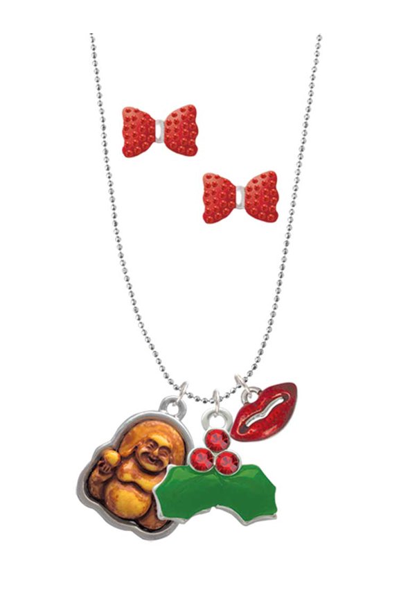 Resin Laughing Buddha in Frame Christmas Kiss Charm Necklace and Stud Earrings