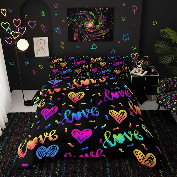 Black Love Comforter Set Queen Siz, Colorful Hearts Bedroom Bedding Set, 3-Piece Set (1 Comforter 2 Pillowcases), Soft, Comfortable, and Breathable Printed Set