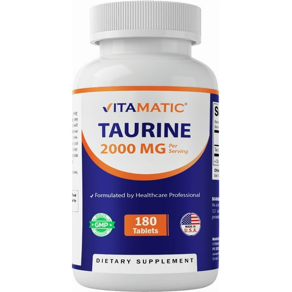 Vitamatic Taurine 2000mg Vegetarian Tablets, 180 Count, Non-GMO, Gluten Free