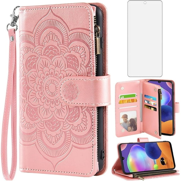 Phone Case for Samsung Galaxy A31 Wallet Cover with Tempered Glass Screen Protector and Flower Leather Flip Credit Card Holder Stand Cell Accessories Glaxay A 31 4G Gaxaly 31A A315G Rose Gold