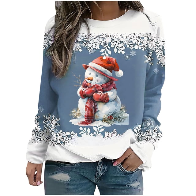 Rbaofujie Chandails d'Automne pour Femmes Noël Mode Décontractée Imprimé Col Rond Manches Longues Amples Blouse Chandails en Molleton Bleus Chandails à Capuchon pour Femmes