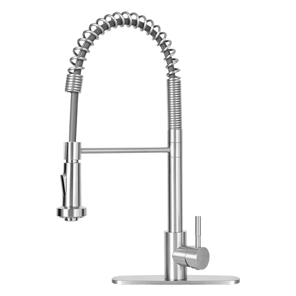 Akicon Pre-Rinse Spring Kitchen Faucet with Sprayer, Dual Spray Mode Commercial Kitchen Sink Faucets, Single Handle 304 Stainless Steel, Includes Deck Plate, Brushed Nickel