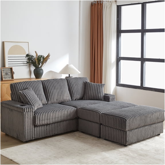 JERFIT Modern 84" Corduroy Sofa Set with Storage Ottomans, 3 Back Pillows & Cup Holders, Comfortable Deep Seat Couch for Living Room, Grey