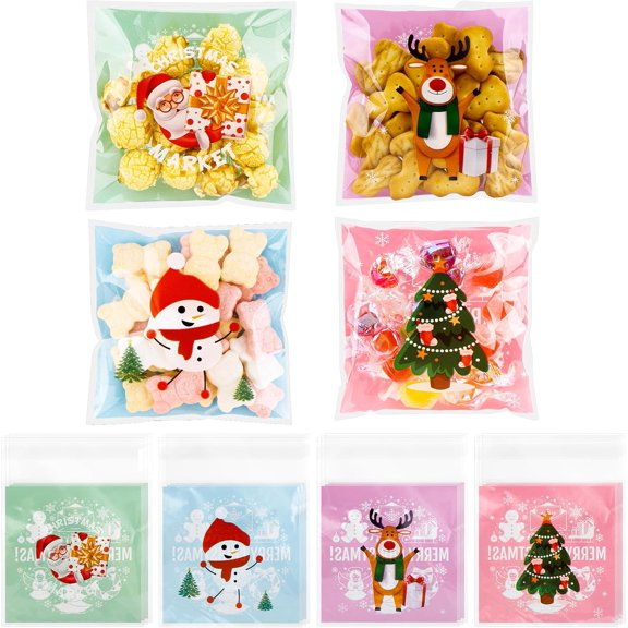 100 PCS Christmas Self Sealing Cellophane Bags for Cookie Snack Treat Candy Gift Wrap Clear Ziplock Holiday Winter Decor Bags Bulk Christmas Party Decorations Favors Supplies