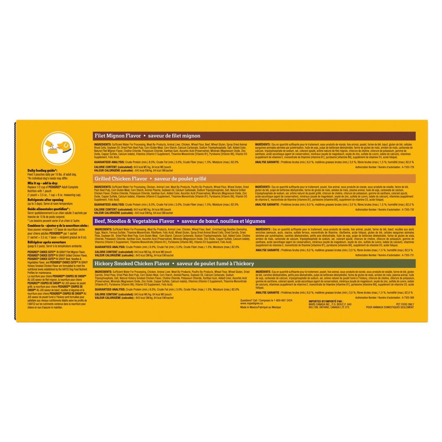 Nourriture humide pour chiens adultes PEDIGREE COUPES DE CHOIX AU JUS saveur de filet mignon, saveur de bœuf, nouilles et légumes, saveur de poulet grillé et saveur de poulet fumé à l’hickory en forma