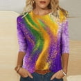 thumbnail image 2 of Feancey 3/4 Sleeve Tops for Women Crew Neck Carnival Themed T-Shirts Mardi Gras Mask Printed Graphic Tees Holiday Casual New Orleans Tee Tops Multicolor L, 2 of 6