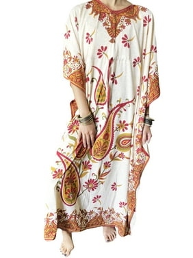 Mogul Women Maxi House Dress, Printed Beige Caftan, Maxidress, Evening Wear Summer, Comfy Long Kaftan XL