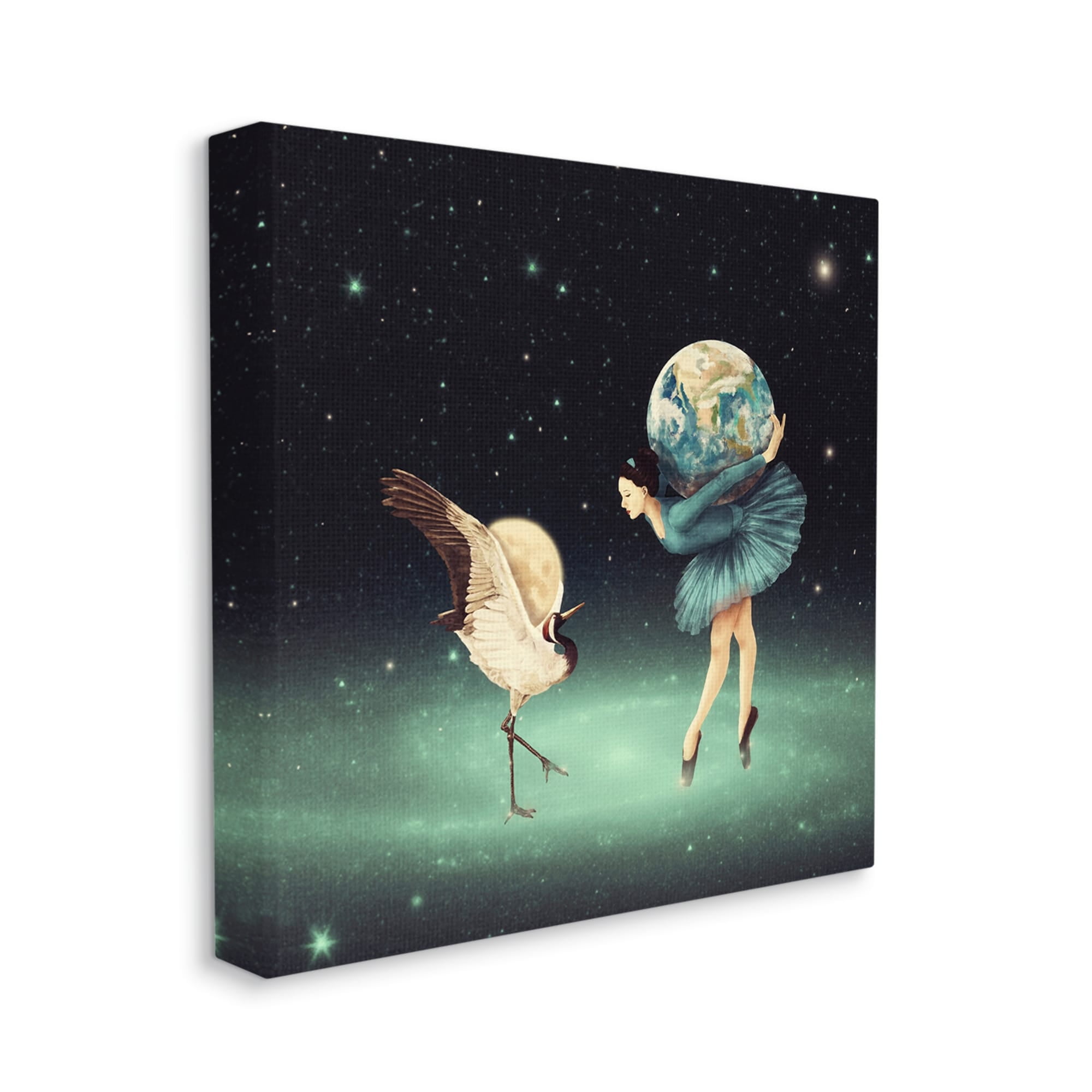 Crane Bird Ballerina Holding Earth Moon Starry Nebula Animals & Insects Painting Gallery-Wrapped Canvas Print Wall Art