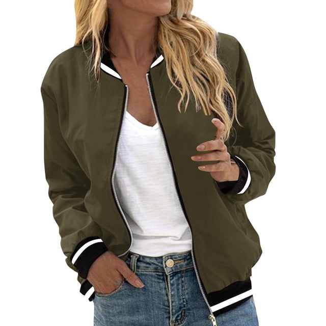 Wlynlyn Vestes pour Femmes Col Rond Manches Longues Manteaux Zippés Décontractés Unis Amples Uniforme de Baseball avec Poches