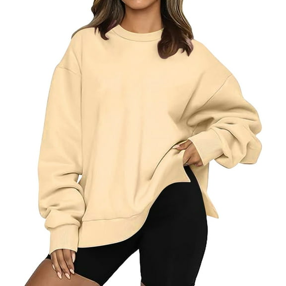 Dyfzdhu Crewneck Sweatshirts Women Fall Winter Casual Long Sleeve Loose Solid Color Oversized Sweatshirt Pullover Fleece Lined Beige