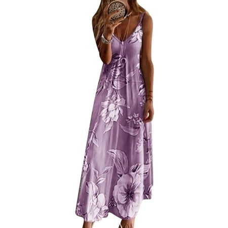 

Frontwalk Women Floral Print Sleepshirt Casual Boho Loose Sleeveless Long Pajamas Dress Nightgown