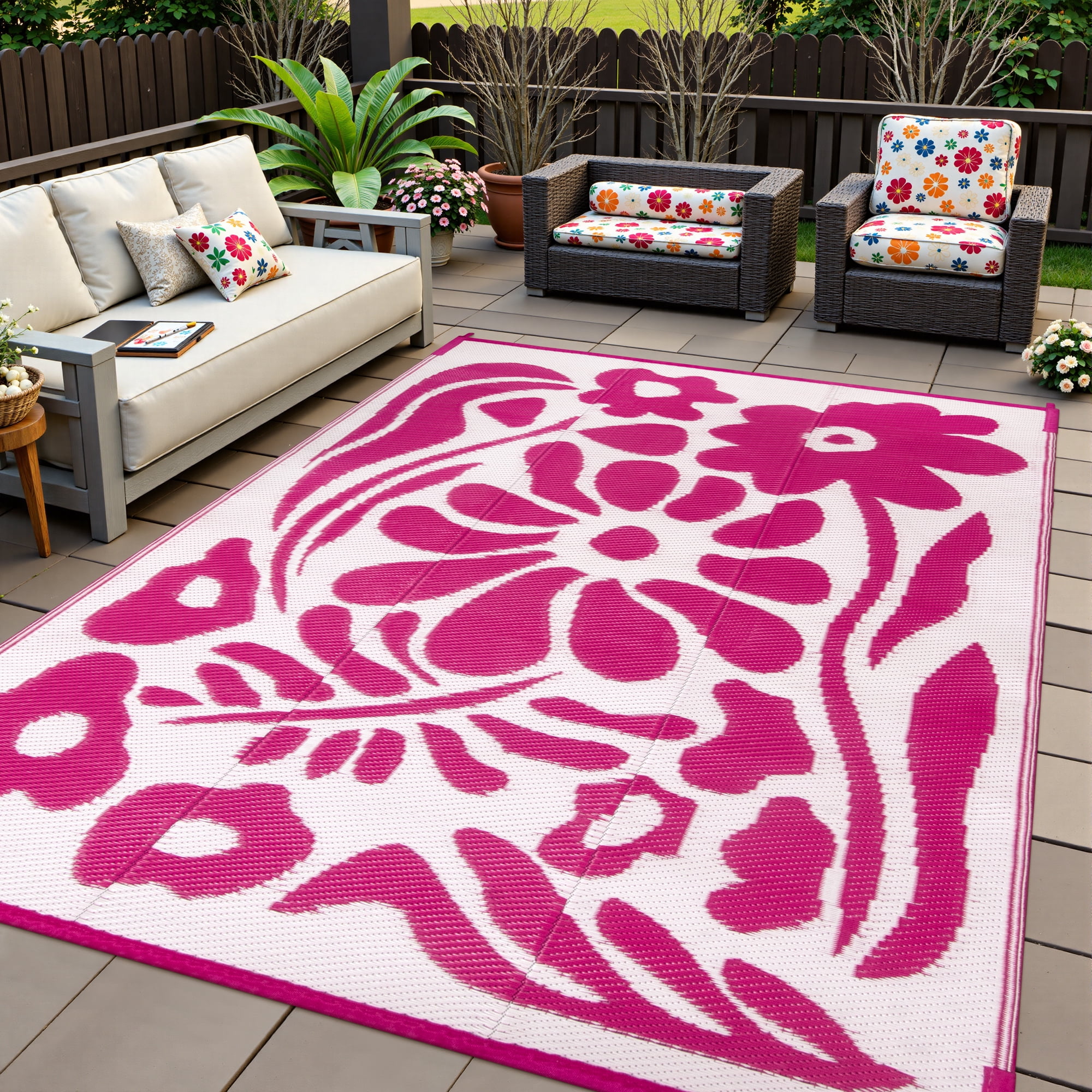 Wonnitar 6x9 Outdoor Rug Waterproof, Plastic Straw RV Rugs for Outside, Large Portable RV Outdoor Carpet，Pink Floral Rug for Picnic Garden Patio