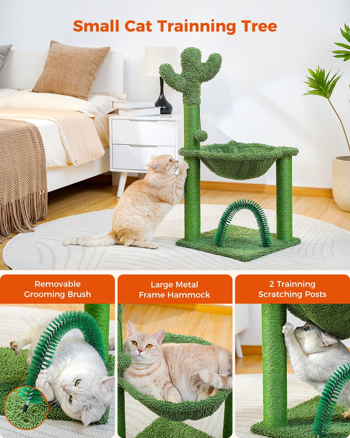 PAWZ Road 35" Cactus Cat Scratching Post with Pet Self Groomer and Hammock for All Indoor Cats Green