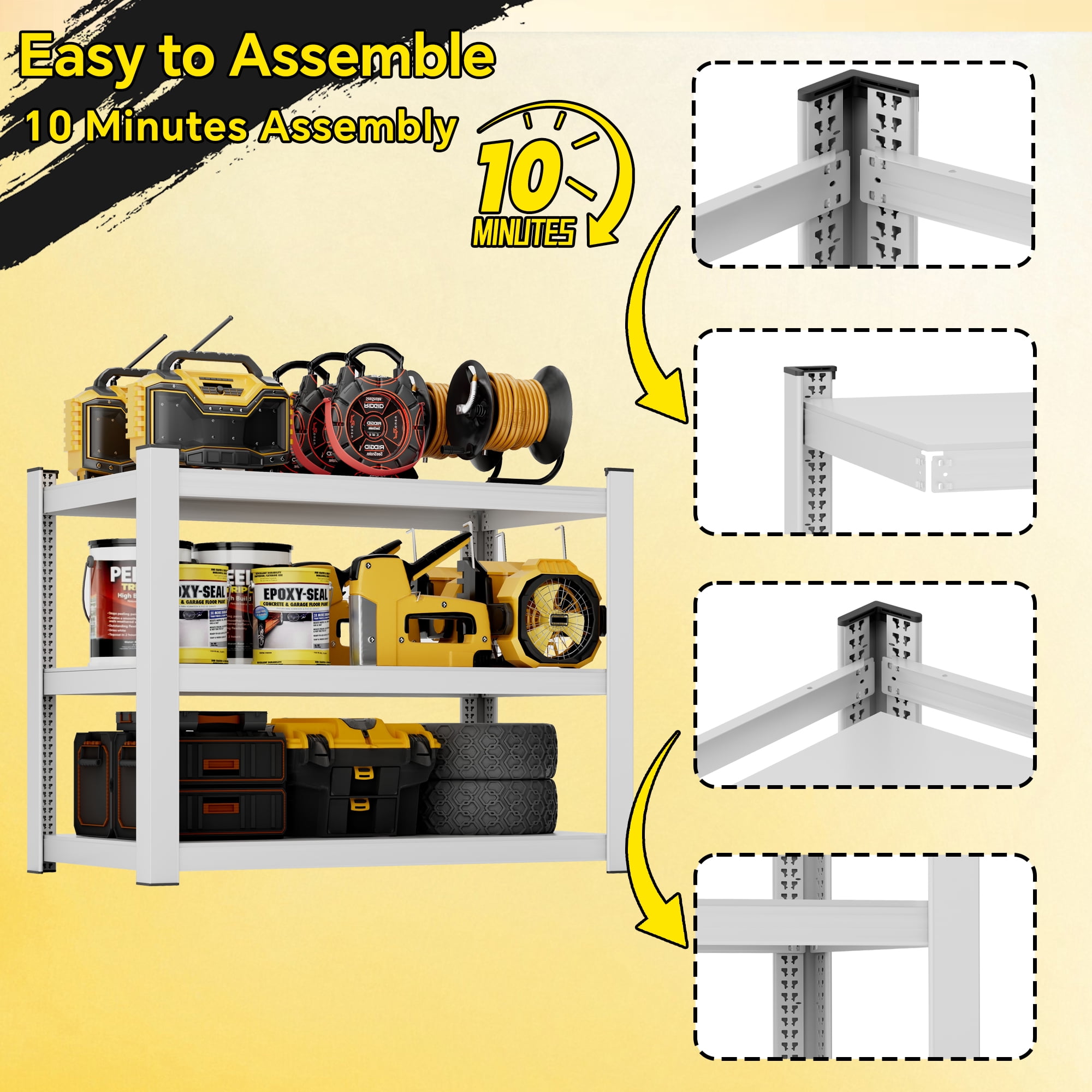 3-Tier Heavy-Duty Shelving,Adjustable Metal Garage Storage Shelves,36" x36"x16" (White)