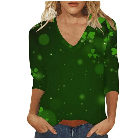 Hot Sale!! St.Patrick's Day Shirts for Women 3/4 Sleeve Summer Shirts Spring Clothes 2025 Trendy Womens Shirts Fashion Casual 3/4 Sleeves Tee Shirt Blouses V Neck Tops Cute 4 Graphic T Shirts