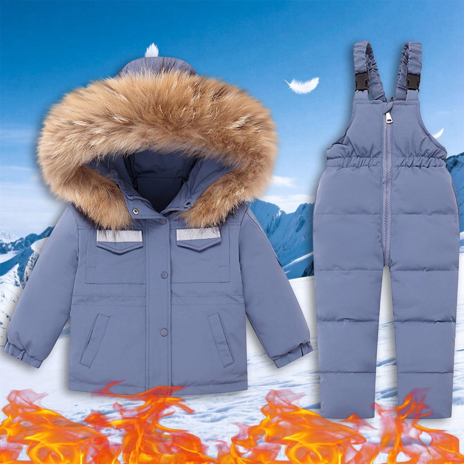 Unisex 2 Piece Snow Suits, Girls Snowsuit with Ski Bibs and Puffer Jackets, Kids Winter Hooded Long Sleeve Down Coats and Snow Pants Outdoor Snowboarding Snowsuit