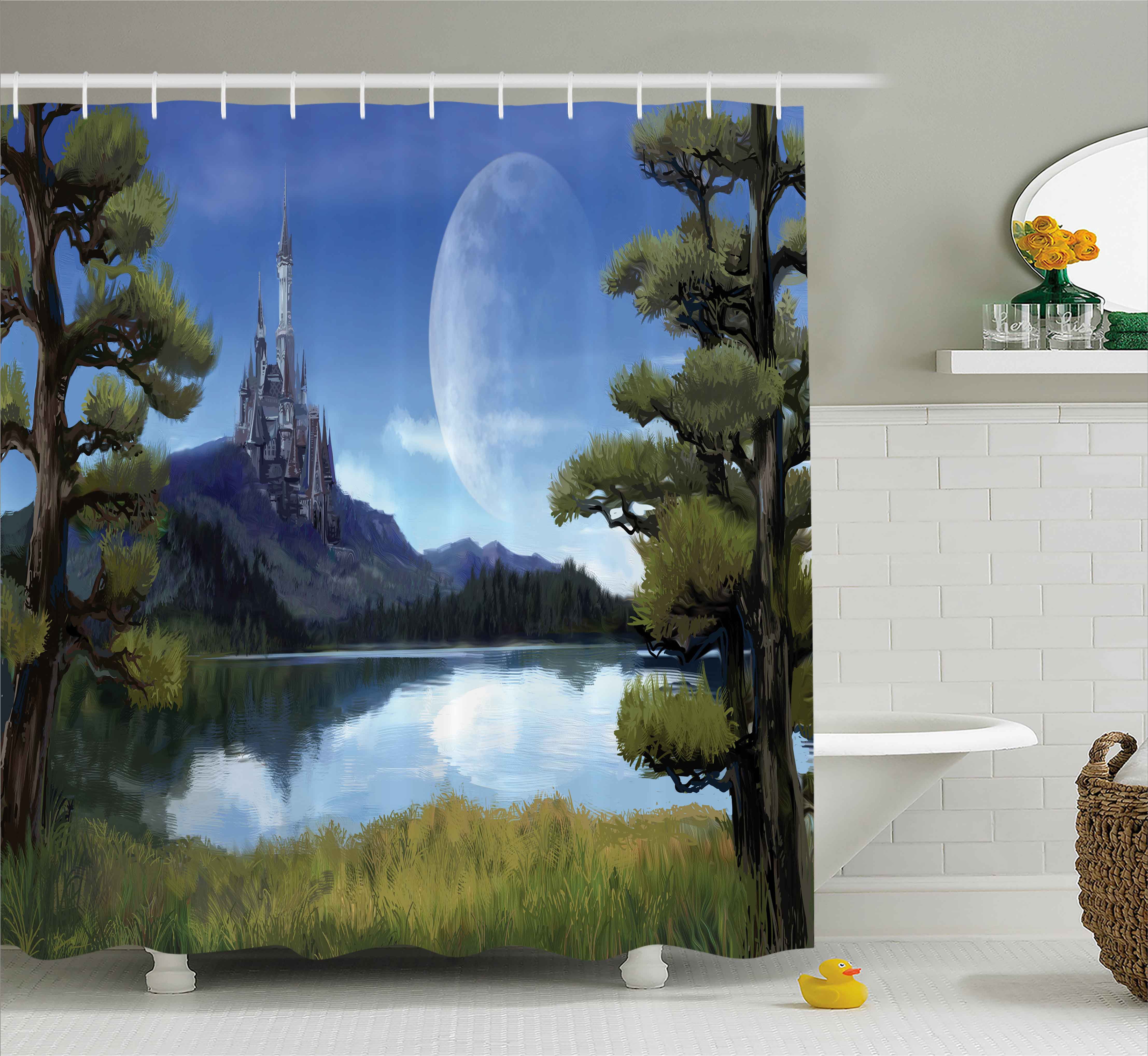 Fantasy Decor Shower Curtain, Moon Surreal Scene with Riverside Lake