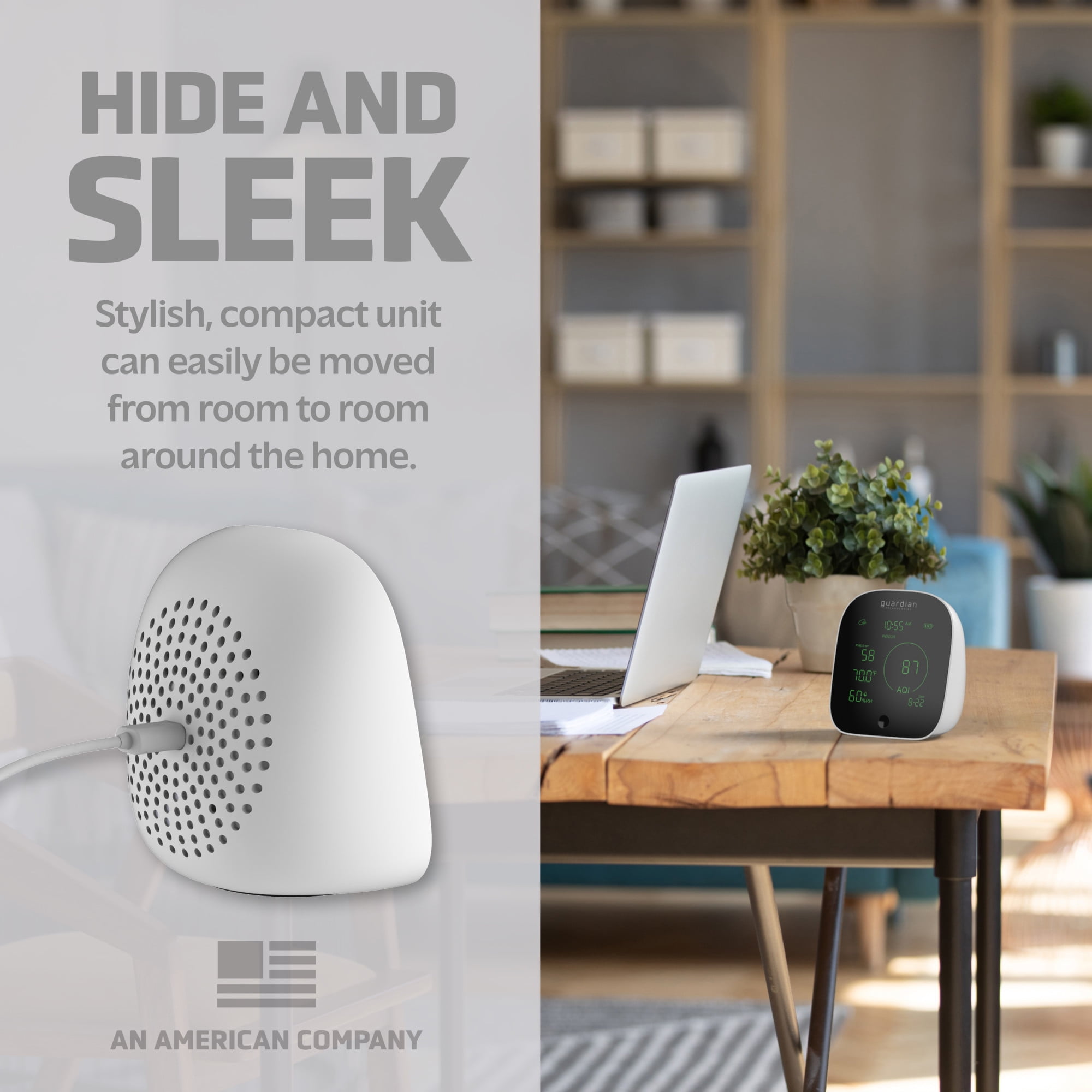 Guardian Technologies Smart Air Quality Monitor, App Controlled, Alexa and Google Enabled, Black/White, AQM101