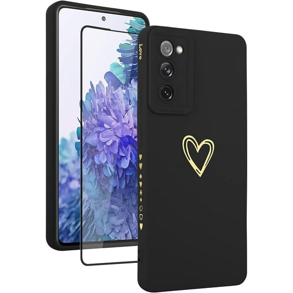 for Samsung Galaxy S20 Fe 5G Case Love Heart Design for Women Girls Soft TPU Plating Full Camera Lens Protection Phone Cover with Screen Protector for Galaxy S20 Fe 5G 6.5"-Black