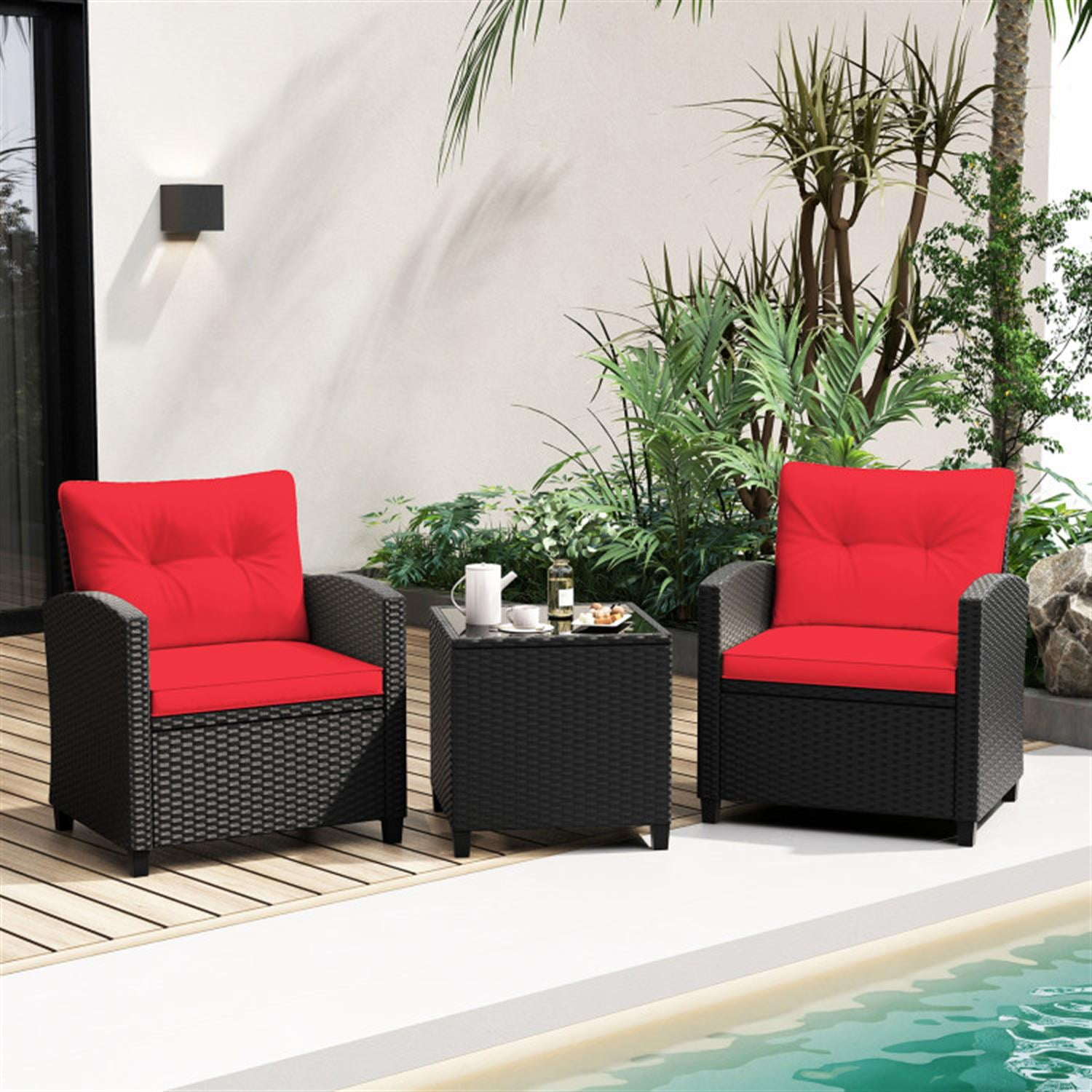 Demi Bonn 3 Pieces Rattan Patio Furniture Set with Washable Cushion, Conversation Armchairs for Garden Poolside Balcony, Red